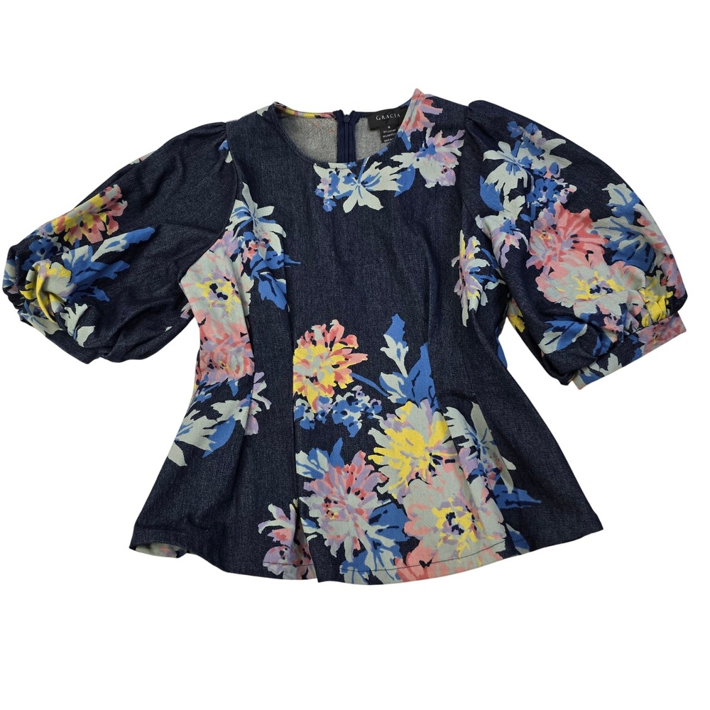 Gracia‎ Denim Peplum Floral Puff-Sleeve Top Small Back Zip Cotton Blend - Picture 2 of 5